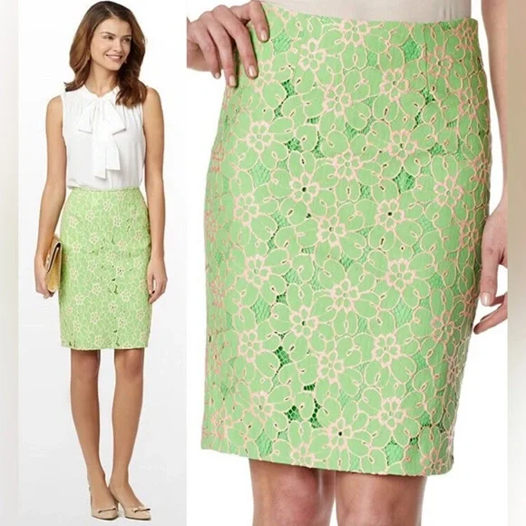 Lily Pulitzer pencil skirt floral lace size 2 lime green and light pink - Picture 2 of 9